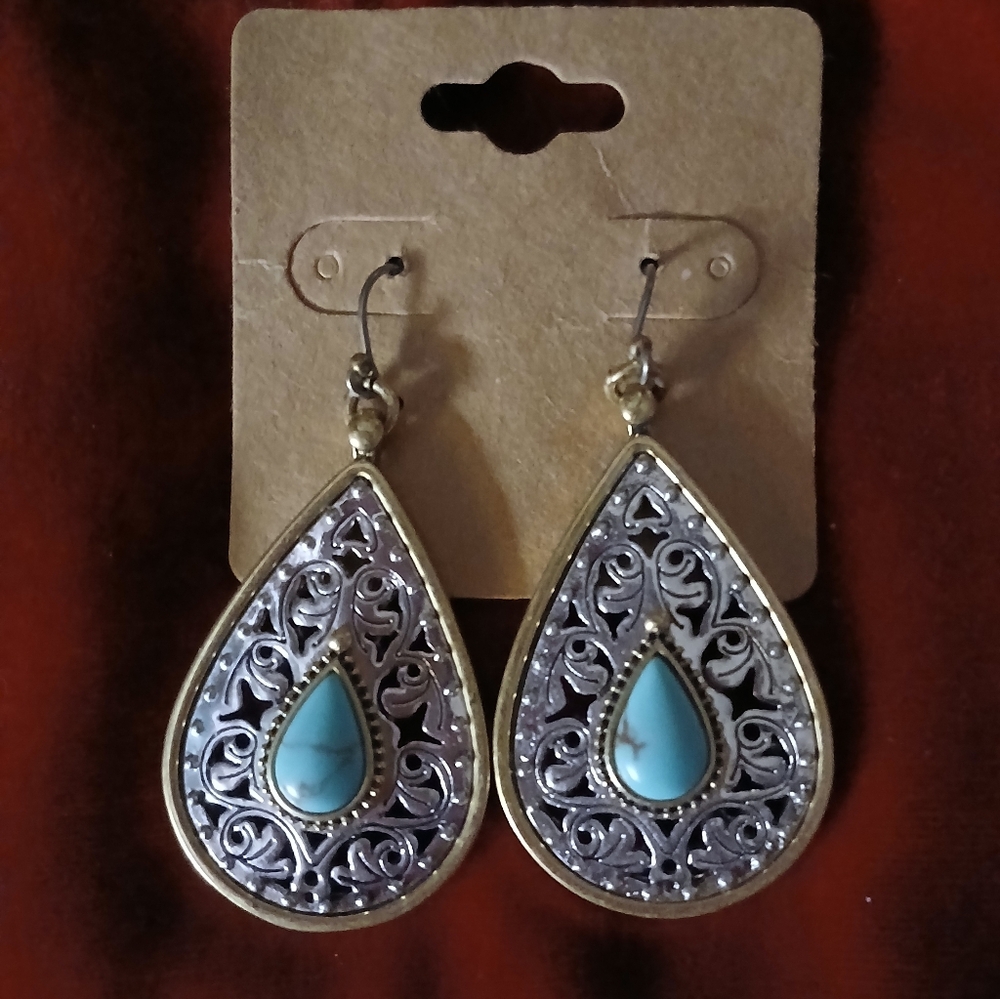 Lucky Brand Two Tone Turquoise Teardrop Filigree Dangle Earrings